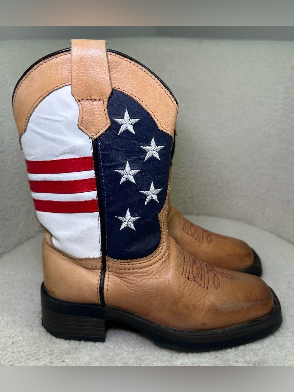 J. B. Dillan Boys Youth American Flag Tan Leather Cowboy Boots Western Ranch 12.